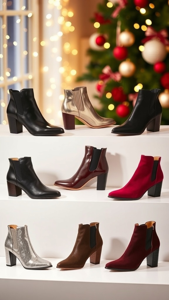 A collection of fashionable ankle boots in different styles and colors for Christmas parties, set against a festive backdrop.